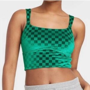 Colsie Green Checkered Velvet Brami Adjustable Straps Crop Tank Top S. M. L. XL.
